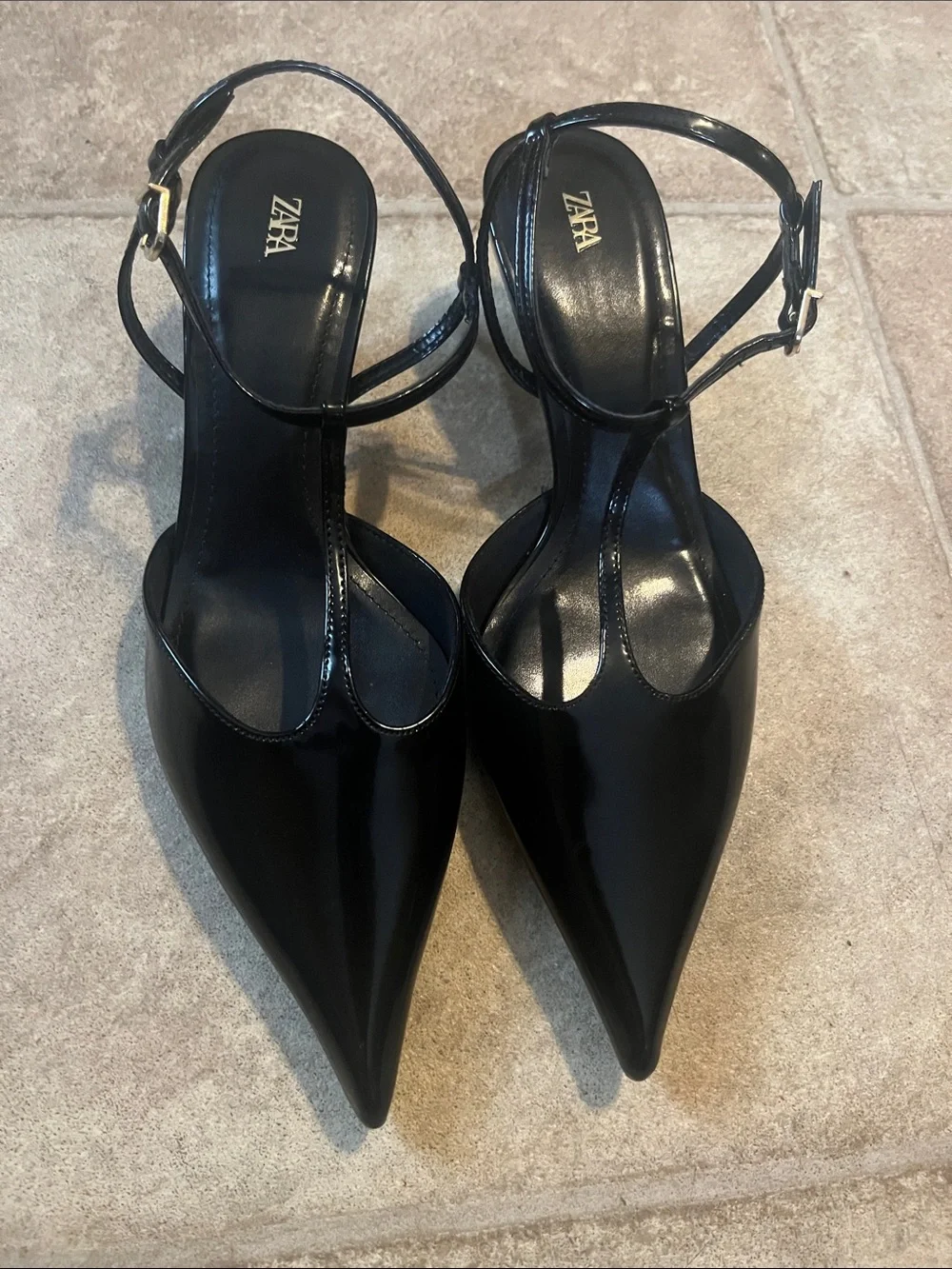 ZARA Black Patent Pointed T-Strap Heels Ankle Buckle Professional Office Chic